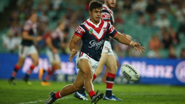 Rookie: Jayden Nikorima kicks during the round four NRL match between the Sydney Roosters and the Manly Sea Eagles at Allianz Stadium.