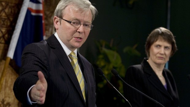 Helen Clark, New Zealand's then-prime minister, right, looks on at Kevin Rudd in 2008.