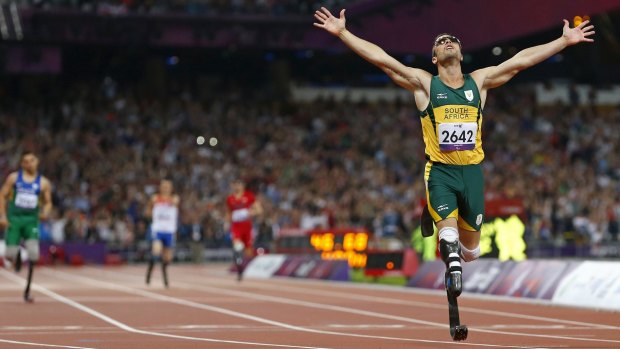 Oscar Pistorius celebrates winning the Men's 400m T44 final during the London 2012 Paralympic Games.