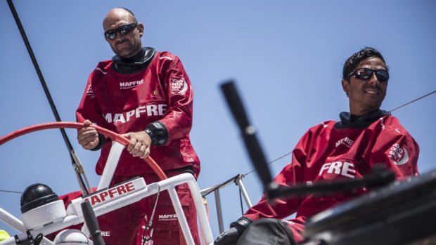 Xabi Fernandez on the helm of MAPFRE and Andre Fonseca on the main during Leg 2 between Cape Town and Abu Dhabi.