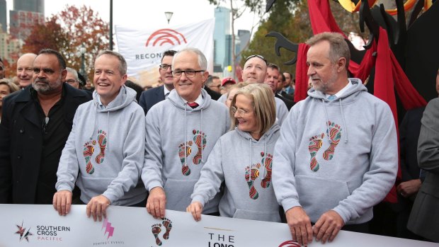 Opposition Leader Bill Shorten, Prime Minister Malcolm Turnbull, Lucy Turnbull and Minister for Indigenous Affairs Nigel Scullion at Indigenous event The Long Walk earlier this year. 