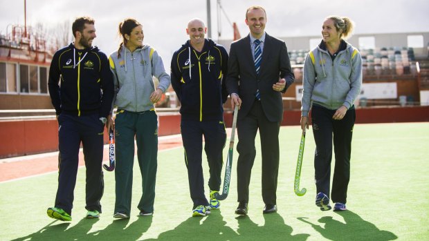 Hockeyroos and Kookaburras players  Andrew Charter, Anna Flanagan, Glenn Turner and Edwina Bone with ACT Chief Minister Andrew Barr to announce Canberra will be hosting international hockey in 2017 and 2019.
