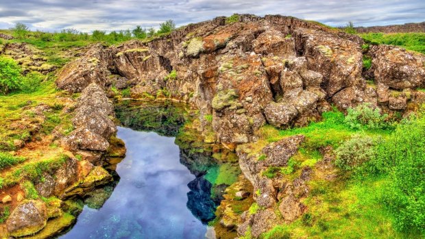 Water in a fissure between tectonic plates in the Thingvellir National Park.