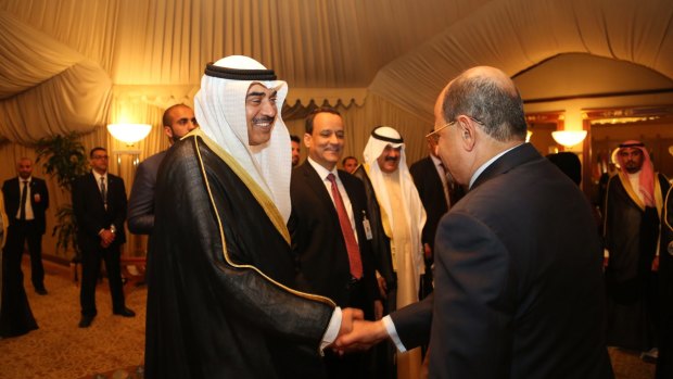 Kuwaiti Acting Prime Minister and Foreign Minister Sheikh Sabah Khaled Al-Hamad Al-Sabah, centre, at talks between Yemen's internationally-recognised government, which is backed by a Saudi-led military coalition, and Houthis and their allies, who hold the capital, Sanaa