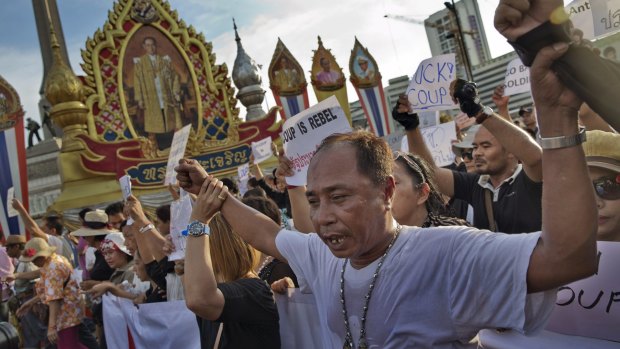 A crowd protests the military coup on the streets of Bangkok in May.