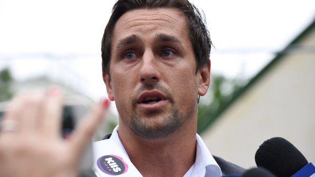 Facing the music: Mitchell Pearce addresses the media on Friday afternoon.