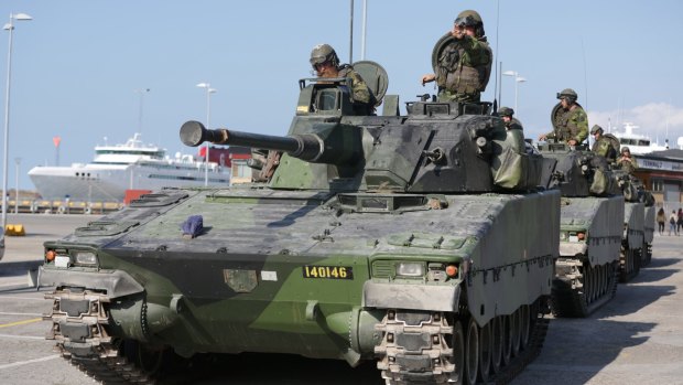 Swedish tanks are seen in Visby harbour on the island of Gotland, Sweden in September.