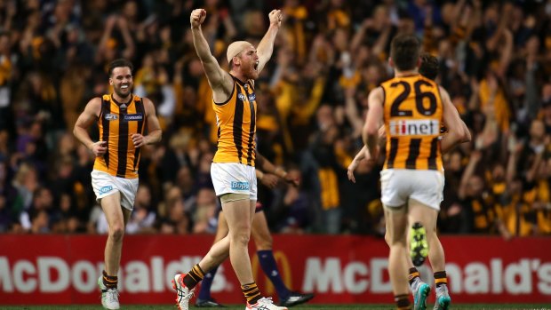 Jarryd Roughead of the Hawks celebrates after kicking a goal during Friday night's preliminary final against Fremantle.