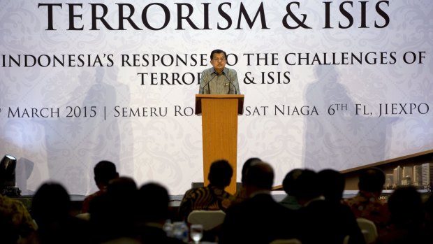 Indonesian Vice-President Jusuf Kalla speaks at the opening of a conference on terrorism and Islamic State in Jakarta on March 23.