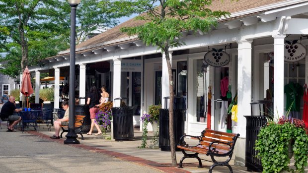 Outdoor shopping at Mashpee Commons in Mashpee, Cape Cod.
