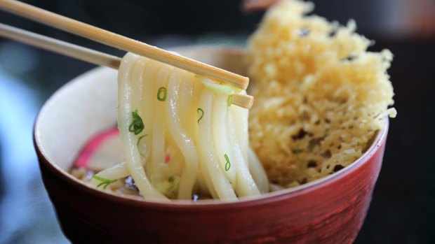 Udon with fried shrimp tempura.