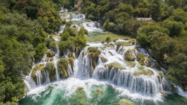 Aerial of the famous staircase waterfalls at the beautiful Krka National Park, Croatia. 