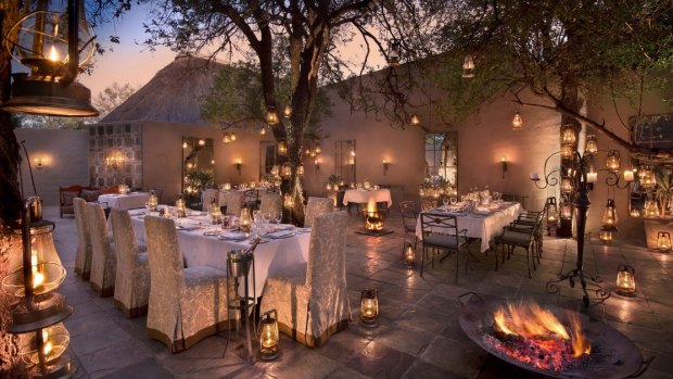 Outdoor dining in the courtyard at &Beyond Ngala Safari Lodge.