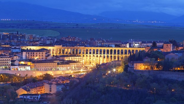 The mighty Roman aqueduct of Segovia, Spain.
