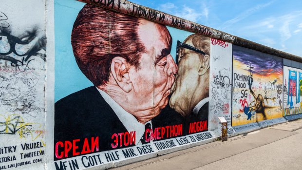 Fraternal Kiss, a recreation of an actual 1979 embrace between Soviet leader Leonid Brezhnev and East German leader Erich Honecker.
