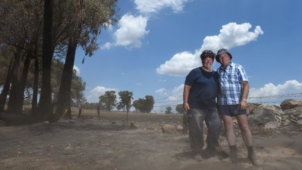 Zel and David Austin on their bushfire-affected property at Ruffy in Victoria.