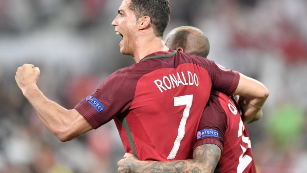 Portugal's Cristiano Ronaldo celebrates after advancing to the semi-final.
