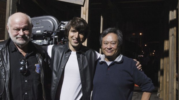 Tiber (left) with actor Demetri Martin and director Ang Lee on the set of <i>Taking Woodstock</i>.