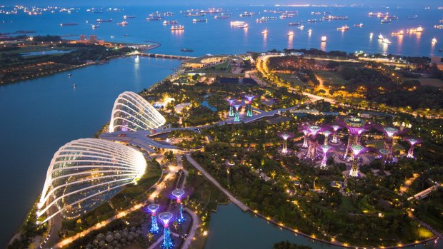 The Singapore skyline at dusk. 