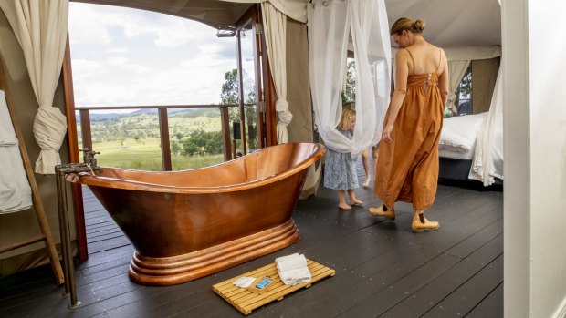 Jane Maroulis, of Boydell's in the Hunter Valley, spent 12 months planning and sourcing luxury fittings, including a copper bathtub, to furnish the genuine safari tent imported from Africa..