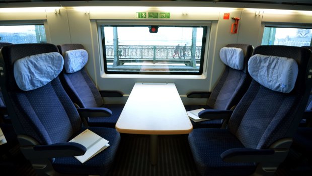 The second class compartment on board an ICE  Deutsche Bahn high-speed train.
