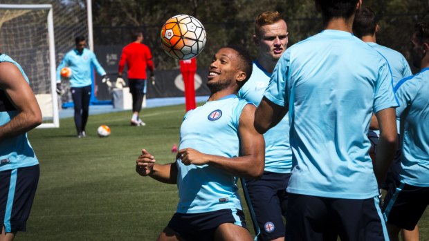 Hamming it up: Melbourne City players enjoy a light moment at training.