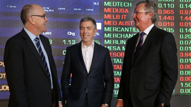 Australian Finance Group CFO David Bailey, managing director Brett McKeon and chairman Tony Gill before the broker's float in May. 