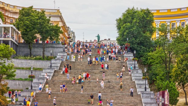 Odessa's Potemkin Steps, the giant staircase made famous by Sergei Eisenstein's epic 1925 movie <i>Battleship Potemkin</I>.