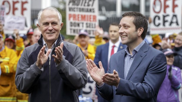 Prime Minister Malcolm Turnbull and Victorian parliamentary Liberal leader Matthew Guy at the Melbourne CFA rally. 