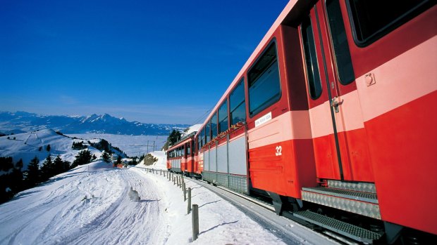 Riding the spectacular rack railway up Rigi from Vitznau.
