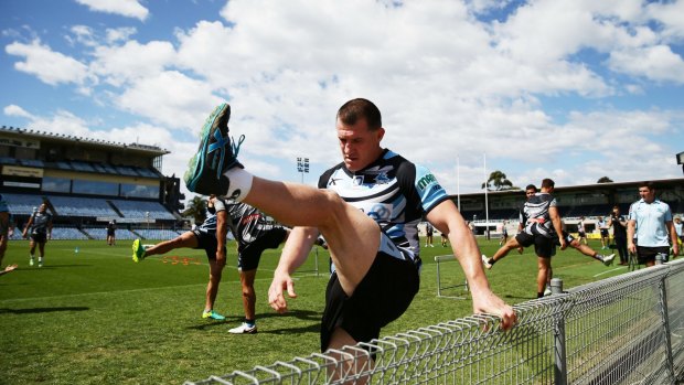 At a stretch: Paul Gallen warms up for a Cronulla Sharks training session at Southern Cross Group Stadium this week.