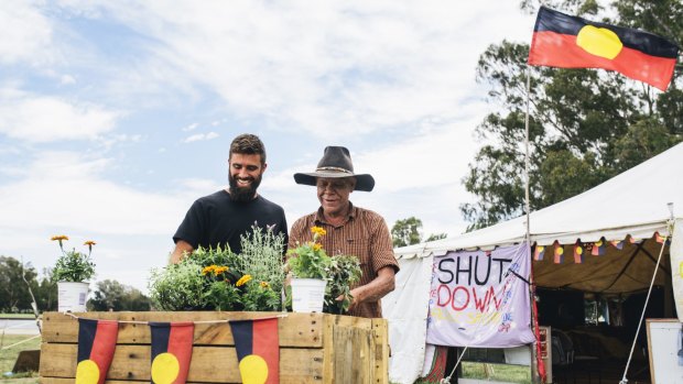 Daniel Koch, who is setting up community gardens at the Aboriginal Tent Embassy, with Uncle Chris Tomlins.


20 Jan 2015
Photo: Rohan Thomson
The Canberra Times