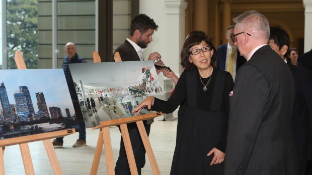 Architect Kazuyo Sejima talks to NSW Arts Minister Don Harwin at the announcement of the expansion of the Art Gallery of NSW.