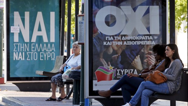 Referendum campaign posters that reads "No" and "Yes" in Greek in Athens, Greece. 