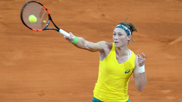 Sam Stosur plays a forehand during her loss to American Christina McHale in the Fed Cup.