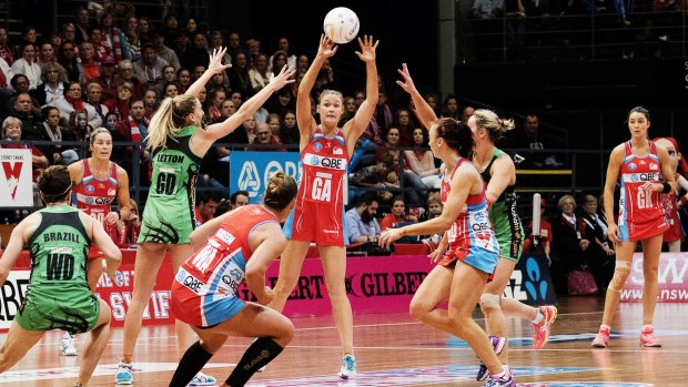 Sellouts: NSW Swifts veteran Susan Pettitt takes on the West Coast Fever at Sydney Olympic Park Sports Centre last season. 