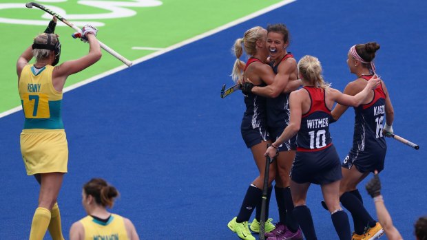 The United States celebrate one of their two goals.