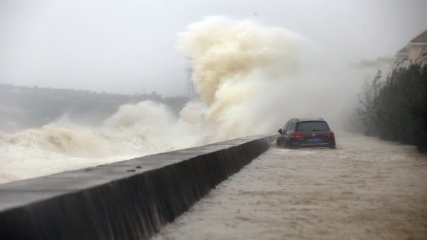 Strong waves brought by Typhoon Dujuan hit the breakwater in Quanzhou, China, on September 29.