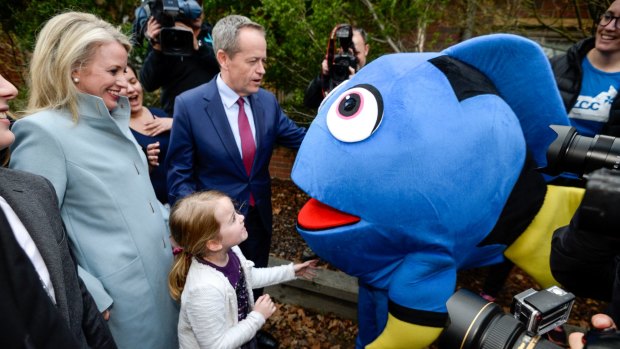 Opposition leader Bill Shorten, wife Chloe and daughter Clementine are confronted by an environmental campaigner in Mr Shorten's electorate of Maribyrnong.