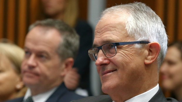 Opposition Leader Bill Shorten and Prime Minister Malcolm Turnbull at a family violence event on Tuesday.