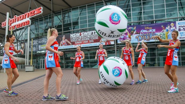 All smiles: NSW Swifts players have a bit of fun during a press call for their game against Melbourne Vixens. 
