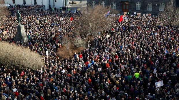 Thousands of people demonstrate against Iceland's prime minister, in Reykjavik on Monday.
