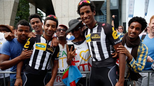 Merhawi Kudus and Daniel Teklehaimanot of Eritrea in this year's Tour de France. Eritrean athletes have a habit of seeking asylum abroad. 