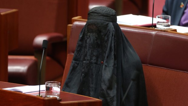 Pauline Hanson wears a burqa in Parliament House, prompting a stinging rebuke from George Brandis.