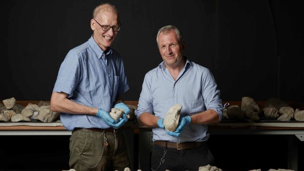 Need a hand? British Museum curators Sam Moorhead and Peter Higgs surrounded by pieces of the Temple of Artemis.