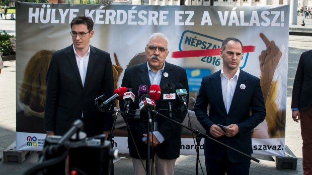 Leaders of three opposition parties Gergely Karcsony (Dialogue for Hungary), Lajos Bokros, (Modern Hungary Movement) and Viktor Szigetvari (Together) present their joint campaign calling for a boycott of the government-sponsored referendum.