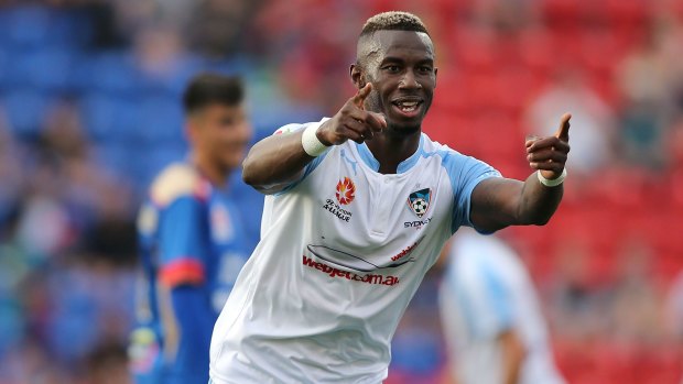 Bernie Ibini-Isei of Sydney FC celebrates a goal during the round nine A-League match between the Newcastle Jets and Sydney FC.