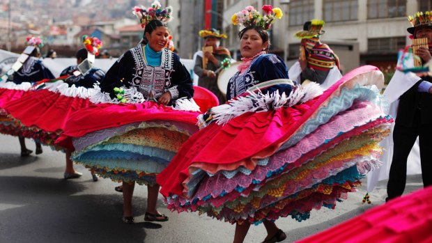 Aymara Indian dancers during the Intercultural Festival of Indigenous Music and Dance in La Paz.