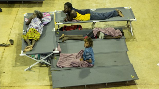 Residents of Warruwi on Goulburn Island at a temporary shelter after the entire community was evacuated.
