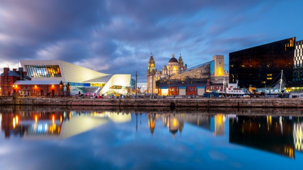 Liverpool’s world heritage-listed waterfront at dusk.